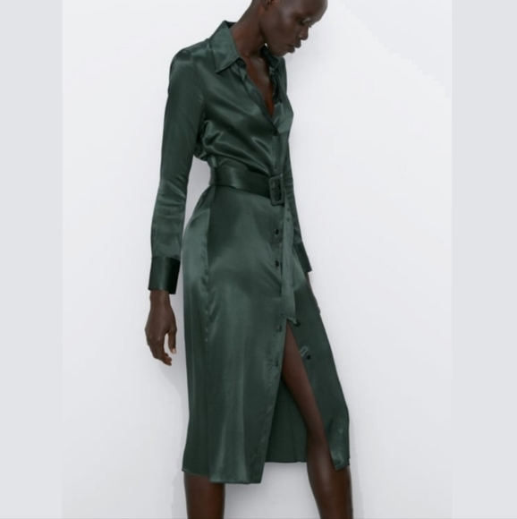Zara Satin Effect Hunter Green Long Sleeve Belted Collared Midi Dress | sz M - Picture 3 of 15